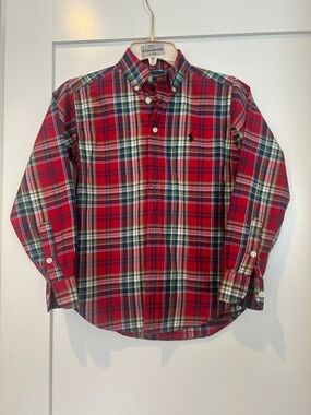 Ralph Lauren Vibrant red green Plaid Kids button down shirt size S (8-10)
